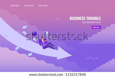 Businessman slide down from arrow on the sky. Business trouble concept. flat design vector illustration