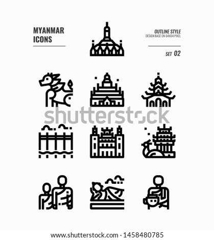 Myanmar  line icon set 2. Include landmark, people, culture and more. Outline icons Design. vector