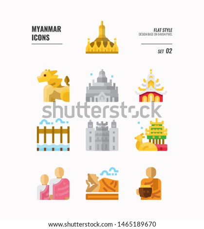 Myanmar icon set 2. Include landmark, people, culture and more. Flat icons Design. vector