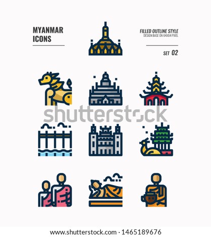 Myanmar icon set 2. Include landmark, people, culture and more. Filled Outline icons Design. vector