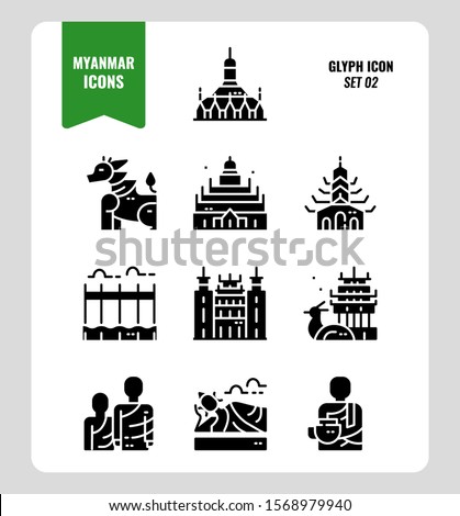 Myanmar icon set 2. Include landmark, people, culture and more. Glyph icons Design. vector