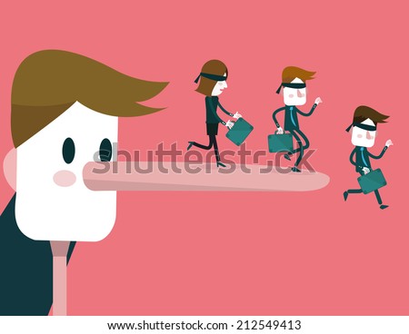 Lying businessman with long nose make Business people falling down. business teams and leadership concept. abstract illustration. vector