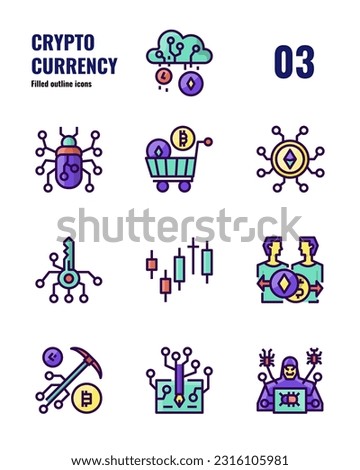 Cryptocurrency icons set 3. Stock, trading sign and object. filled outline icon isolate on white background