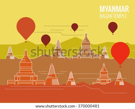 Bagan Temple with hot air balloon. destination scene of Myanmar. thin line flat design. vector illustration