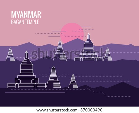 Bagan Temple at Sunrise. destination scene of Myanmar. thin line flat design. vector illustration