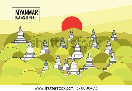 Bagan Temple at Sunrise. destination scene of Myanmar. thin line flat design. vector illustration