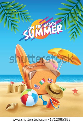 Summer travel with bag on the beach. Vector illustration.