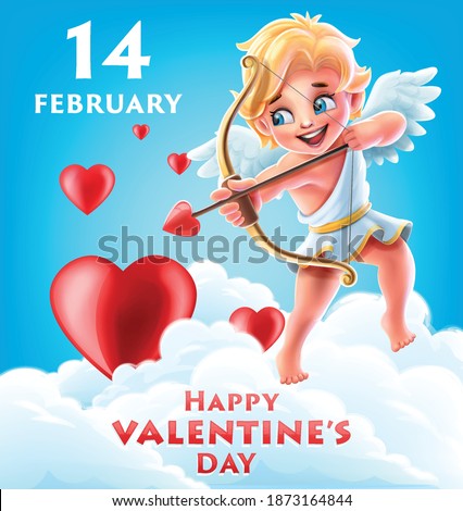 valentine's day banner illustrated with cupid angel with arrow and hearts