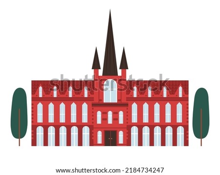 Hand drawn fancy old building, university, museum or library. European red brick building in gothic style. Isolated on white vector illustration