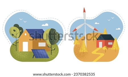 Two sceneries with houses that use green energy, solar panel and wind turbine in different seasons. Hand drawn vector illustrations in flat design