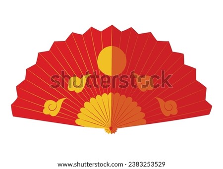 Sensu Japanese traditional hand fan in red color, decorated with clouds and sun, isolated vector illustration in flat design