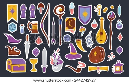 Big set with Dungeons and Dragons stickers illustrations, role playing board game objects, hand drawn isolated vector