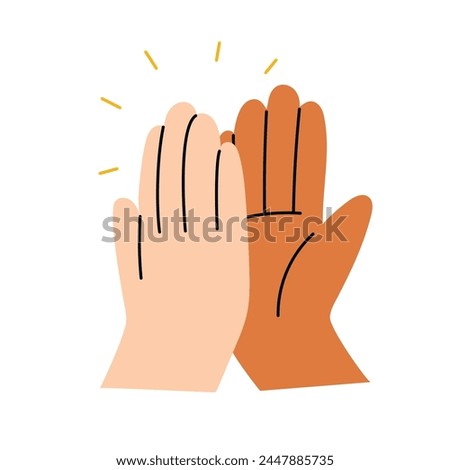 Two diverse hands giving high five, well done gesture, job good done. Hand drawn vector illustration, isolated on white