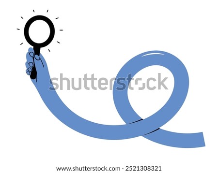 Funky long hand holding magnifying glass, concept of searching, gathering information, looking for something. Isolated vector illustration in flat design