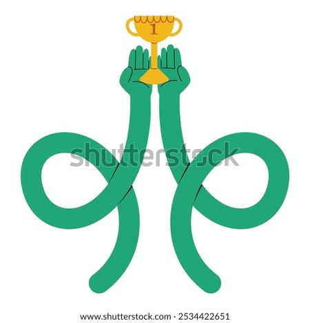 Two long twisted funky hands holding a golden cup, concept of winning and achieving, receiving prize for it. Hand drawn isolated on white vector illustration