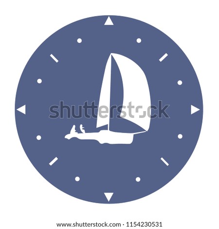 Sailing yacht on a round blue background which looks like compass.