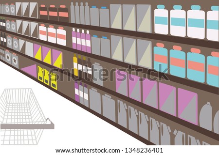 Brown background. Store shelf with goods in perspective view with shopping trolley in left bottom corner.