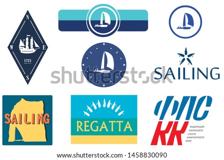 Set of sailing logos  for yachting sport.  Vector. Yachts, sails, lettering 