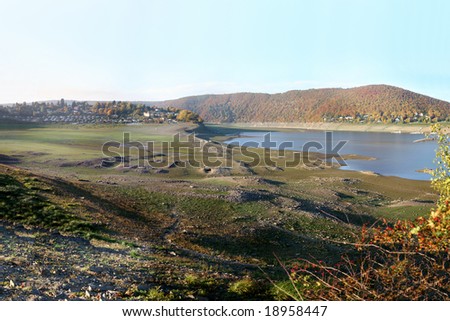 Reservoir Edersee in Germany. Old ruins of the village Bringhausen that had been 1914 flooded. 230 people had to leave their homes. The photos was taken 2008 while low water, 23m under top water level