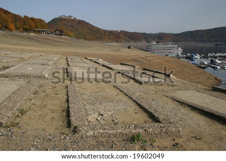 Reservoir lake Edersee in Germany. The old cementary of the village Berich that had been 1914 flooded. 134 people had to leave their homes. The photos was taken 2008,Oct,13 while extreme low water.