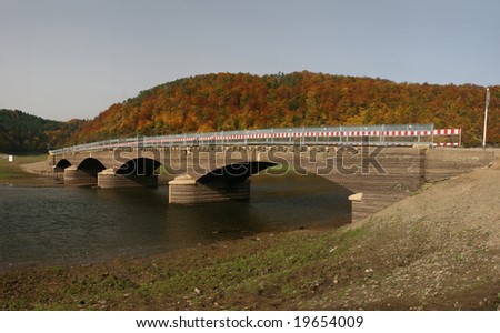 Reservoir lake Edersee in Germany. The old lost bridge of the village Asel that had been 1914 flooded. Many people had to leave their homes. The photos was taken 2008,Oct,13 while extreme low water.