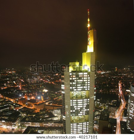 German city Frankfurt, Commerzbank tower and European central bank seen from Maintower
