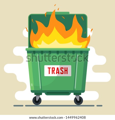 the trash can is burning. violation of the rules. harm to nature and people. bad ecology. flat vector illustration