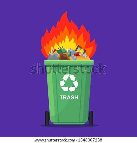 garbage in the trash can burns. waste incineration. flat vector illustration.