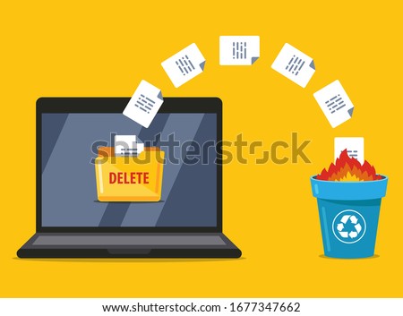 permanently deleting documents from the laptop to the trash. data burning. flat vector illustration.