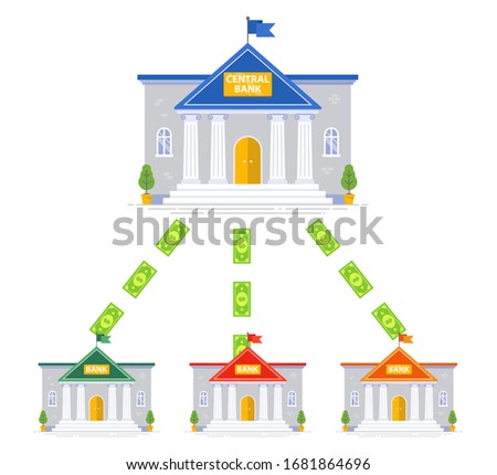 cash circulation scheme between banks. central bank building. flat vector illustration.