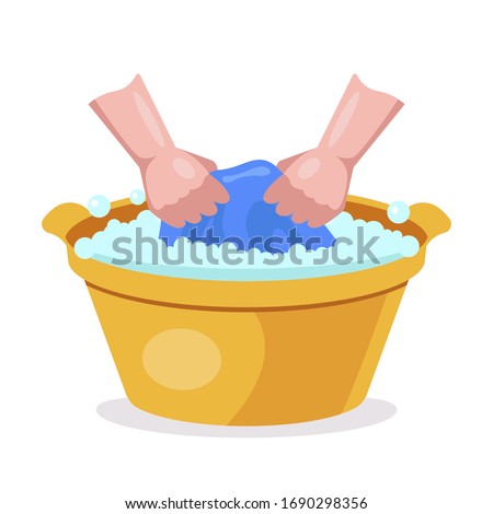 wash clothes in hand wash basins. flat vector illustration.