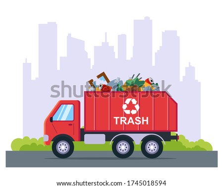 garbage removal by truck from the city. flat vector illustration.