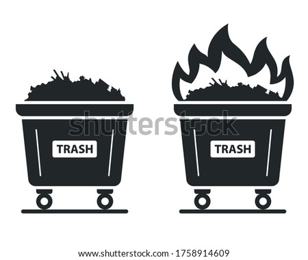 icon of the container in which the trash burns. set fire to waste. flat vector illustration.