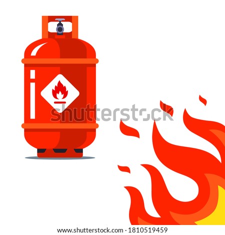 red gas cylinder dangerously close to fire. flammable substance. flat vector illustration isolated on white background.