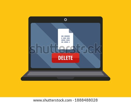 the document is deleted on the laptop screen. red button delete file. flat vector illustration.