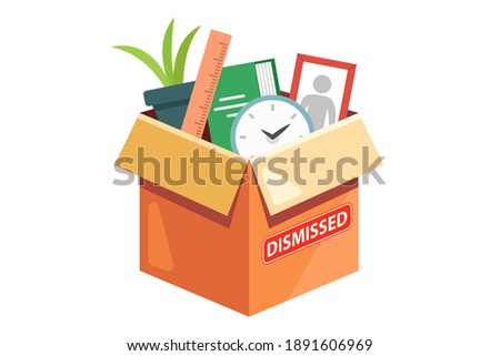 a cardboard box with the belongings of a dismissed employee. flat vector illustration isolated on white background.