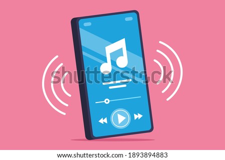 turn on the music loudly on the mobile phone. flat vector illustration.