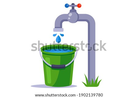 fill a green bucket with water. clean tap water. flat vector illustration.