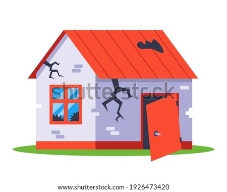 old broken brick house to be demolished. flat vector illustration isolated on white background.