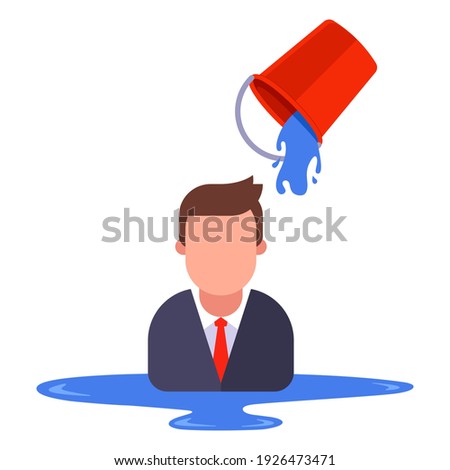 a man in a business suit is poured with water from a bucket. flat vector illustration isolated on white background.