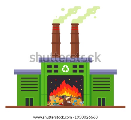 waste incineration plant and emission of harmful substances into the atmosphere. flat vector illustration isolated on white background.