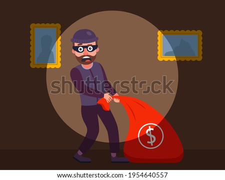 the robber was caught red-handed. the guards detained the burglar of the apartment. robbery of a private house at night. flat vector character illustration.