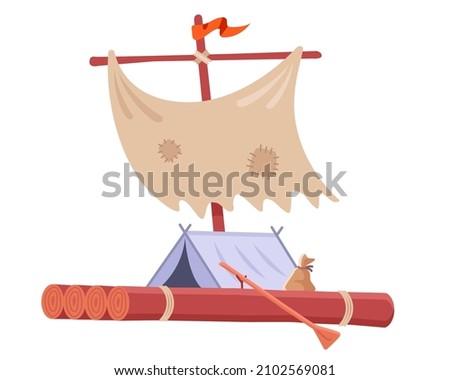 homemade wooden raft with tent and sail. flat vector illustration.