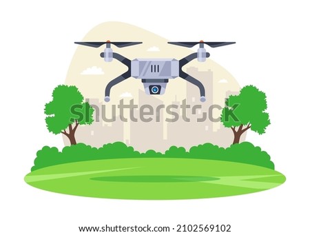drone takes off from a green field. fly over the ground. flat vector illustration.