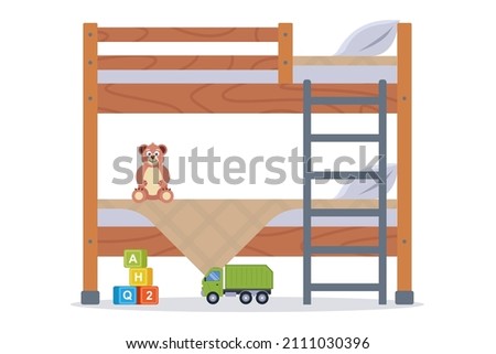 wooden two-story children bed. sleeping place for children. flat vector illustration.