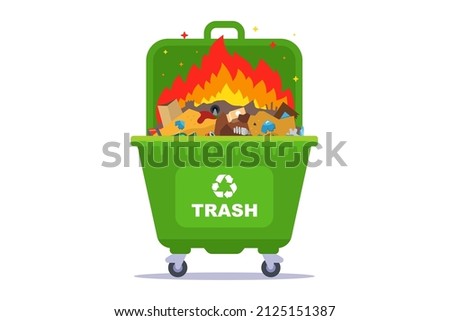 a green garbage container in which a fire burns. garbage disposal. flat vector illustration.