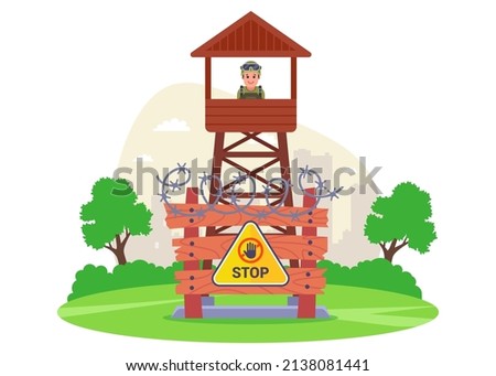 military tower with a fence to protect the border of the state. flat vector illustration.