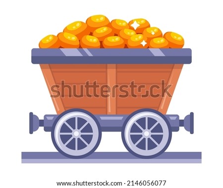 wooden trolley with a pile of gold. work in the mine. flat vector illustration.