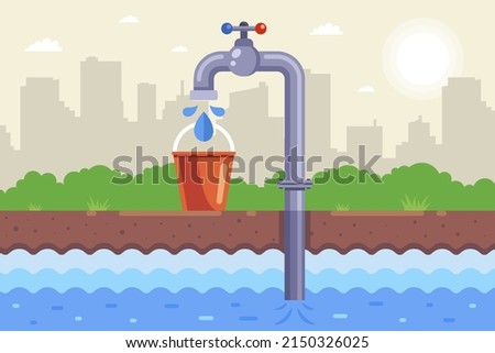 borehole pump pumps water into a bucket. collect drinking water. flat vector illustration.