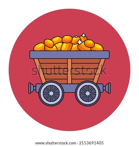 wooden trolley with a pile of gold. work in the mine. flat vector illustration.